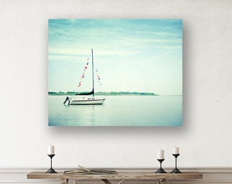 Sailboat Print Beach Decor Wall Art Canvas - Sailing Photo, Nautical Nursery, Coastal Artwork, Light Blue Canvas Photography