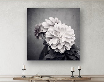 Black and White Large Canvas, Dahlia Photography Flower Art, Master Bedroom Decor, Living Room Wall Art Nature Print, Floral Botanical Photo