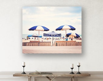 Large Beach Wall Art Canvas, Coastal Prints, Beach House Decor, Summer Art, Umbrellas, Nautical Nursery, Seaside Decor in Blue, White, Beige