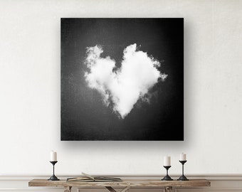 Black and White Heart Print Cloud - Love Decor Art Canvas, Master Bedroom Decor, Nursery Prints, Teen Girl Room Decor, Romantic Wall Art