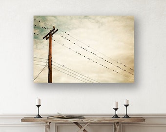 Farmhouse Canvas Wall Art - Birds on a Wire Print, Country Artwork, Modern Rustic Decor, Neutral Nursery, Beige, Light Brown, Tan