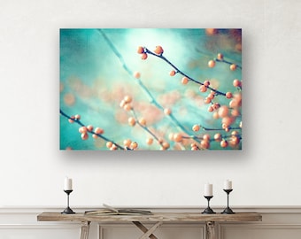 Turquoise Wall Art Large Canvas - Teal Pictures, Rustic Country Home Decor, Nature Photography Prints, Botanical Art in Orange, Peach, Aqua