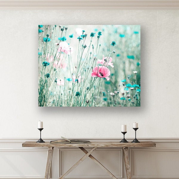 Pink Teal Aqua Turquoise Flower Canvas Photography, Mint Floral Nursery Nature, Spring Feminine Girls Room, 11x14 16x20 24x30 Canvas Wrap