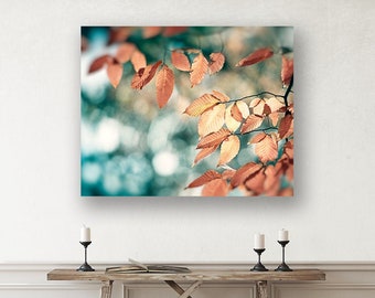 Rustic Canvas Wall Art, Teal Artwork, Copper Turquoise Burnt Orange Wall Art Large Nature Prints, Rust Art Print, Brown Botanical Leaf Photo