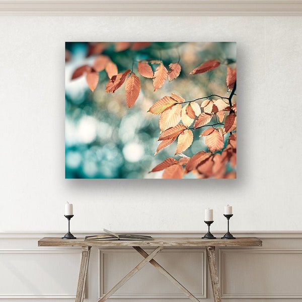 Rustic Canvas Wall Art, Teal Artwork, Copper Turquoise Burnt Orange Wall Art Large Nature Prints, Rust Art Print, Brown Botanical Leaf Photo