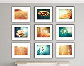 Nature Photo Set, 9 Photographs, fall autumn flowers orange blue teal photography brown turquoise aqua dark rust gallery wall set modern