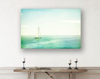 Sailboat Print Ocean Canvas Art - Beach Artwork, Nautical Nursery, Sailing Photo, Coastal Cottage Decor, Mint Wall Art, Turquoise, Aqua