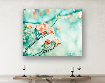 Coral, Turquoise Canvas Wrap - teal orange flower mint peach floral print light blue large wall art nursery botanical, "Blossoming Faith"