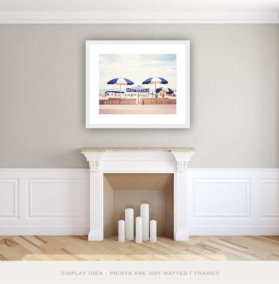 Beach Umbrella Photography Coastal Wall Art Navy Blue Decor Light Beige Print Pale Cream Photo Nautical Photograph Seashore Picture