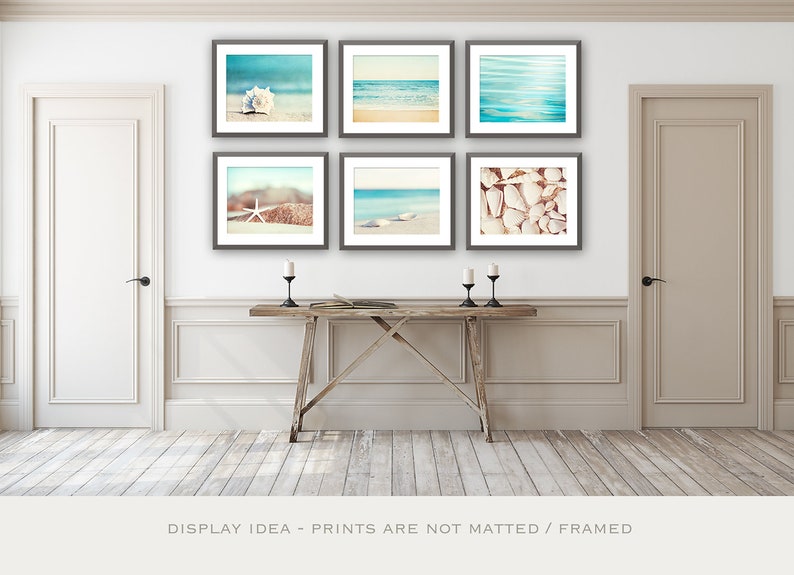 Beach Photo Set Six 11x14, 8x10, 5x7 Photographs coastal photography aqua blue print set ocean seashells white cream beige wall art image 3