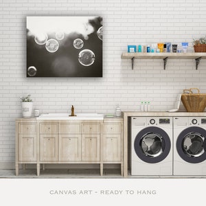 Bathroom Canvas Print Art soap bubbles black white wall art laundry room decor modern canvas gallery wrap abstract photography, Bubbles image 3