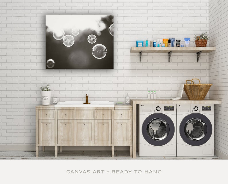 Bathroom Canvas Print Art soap bubbles black white wall art laundry room decor modern canvas gallery wrap abstract photography, Bubbles image 3