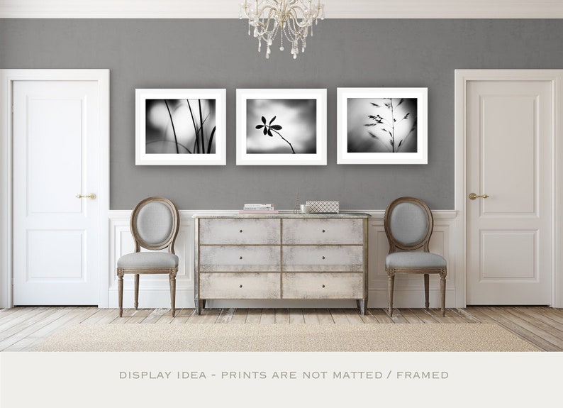 May include: Three framed black and white botanical prints hang above a distressed gray dresser. The prints feature close-up images of plants. Two gray chairs with oval backs sit on either side of the dresser. A chandelier hangs from the ceiling.