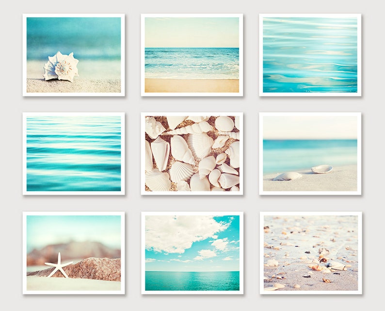 Aqua Blue Beach Photography Set 9 ocean nautical prints, cream beige white, coastal sea gallery wall art, seashore photos seashell decor Prints