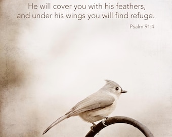 Psalm 91:4 Bible Verse Bird Photography Print - Beige Nature Scripture Art Photo