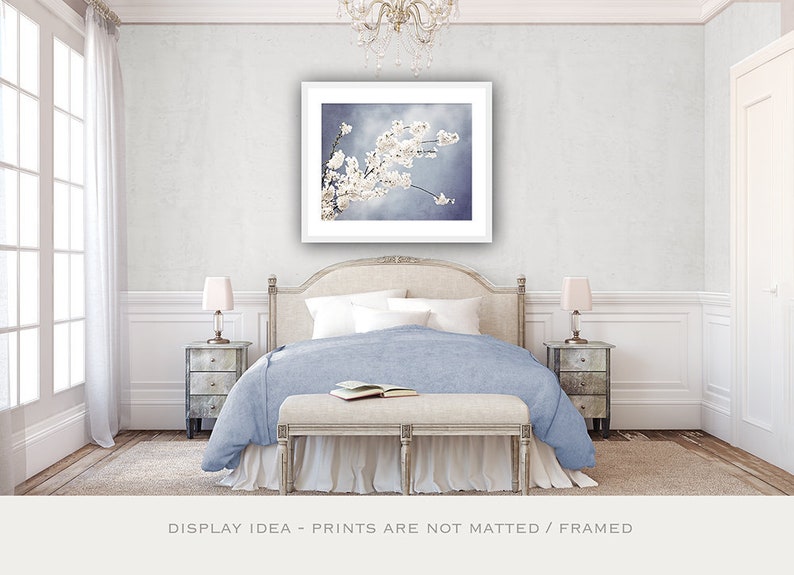 Floral Photography light steel blue white nursery grey gray branch spring wall print flower blossom nature photograph, Autograph of Angels image 1