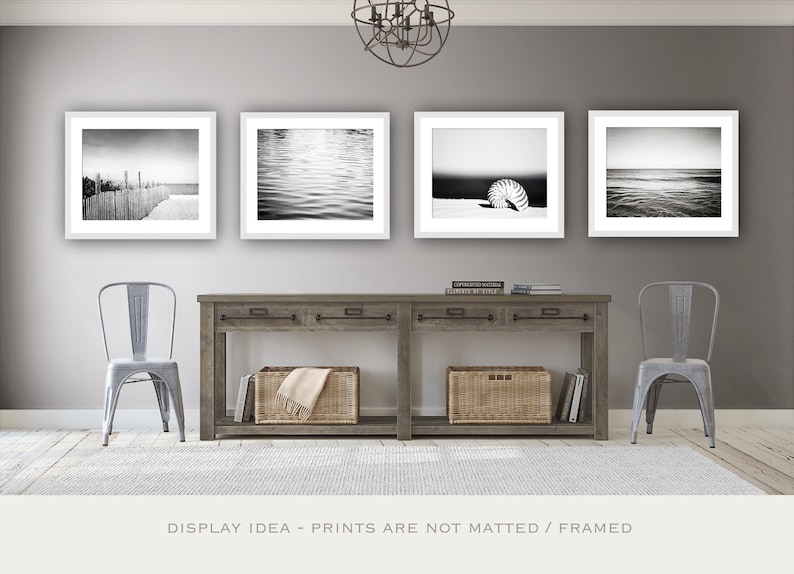 Coastal Black and White Photo Set Beach, Ocean Photographs 4 dark grey gray prints, modern nautical photography, sea seashore wall art image 1