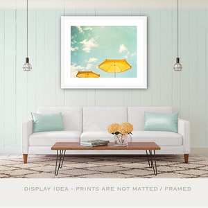 Beach Umbrella Print turquoise yellow mint green teal light seashore photography sky coastal wall art, 8x10, 11x14 Photograph, Sunny Day image 5