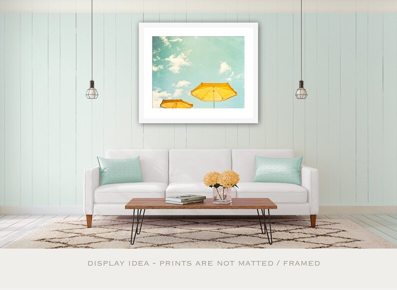 Beach Umbrella Print turquoise yellow mint green teal light seashore photography sky coastal wall art, 8x10, 11x14 Photograph, Sunny Day image 5