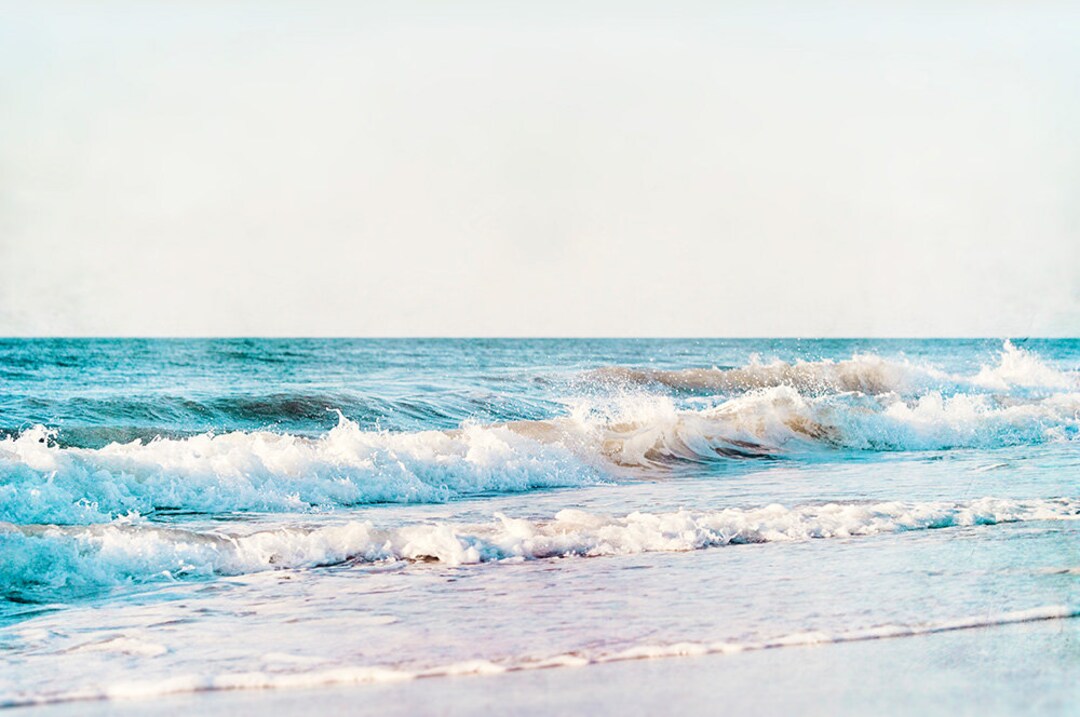 Pale Ocean Photography, White Blue Aqua Sea Landscape Seascape Print Large  Wave Wall Art Coastal Photograph Nautical Picture, calming Sea 