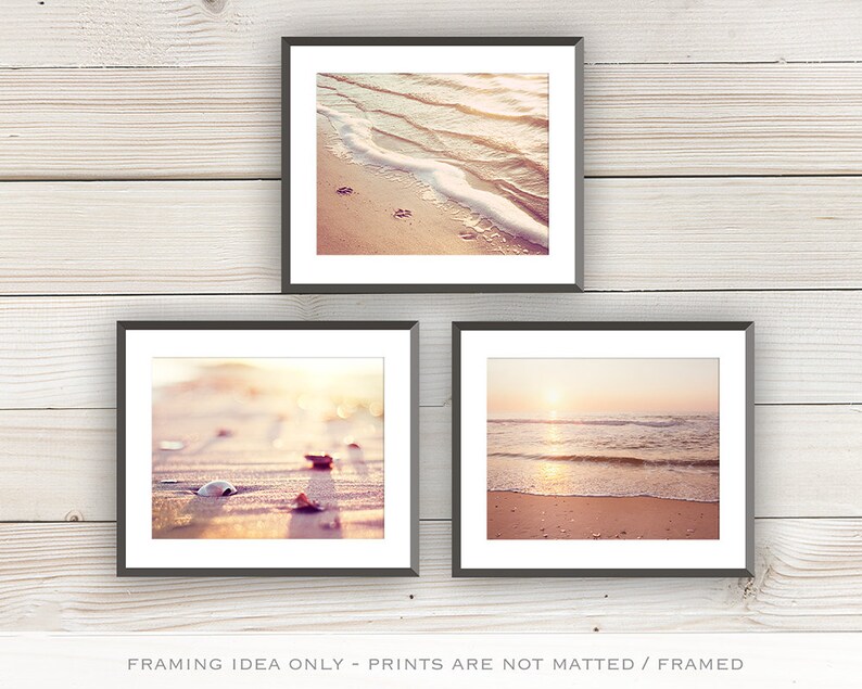 Beach Print Set Three Coastal Photographs ocean shells seashell beige neutral cream peach pink seashore sea shore wall art set image 4