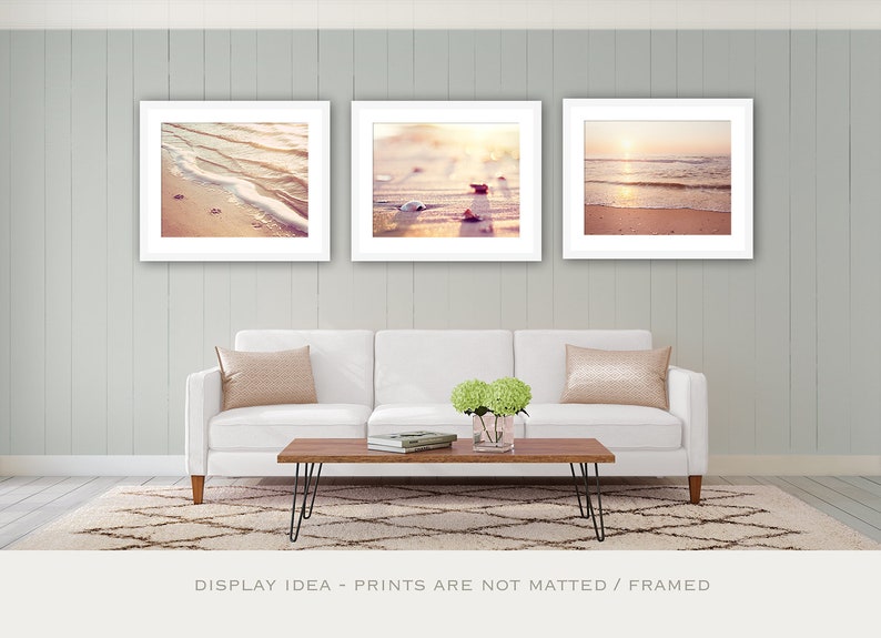 Beach Print Set Three Coastal Photographs ocean shells seashell beige neutral cream peach pink seashore sea shore wall art set image 1