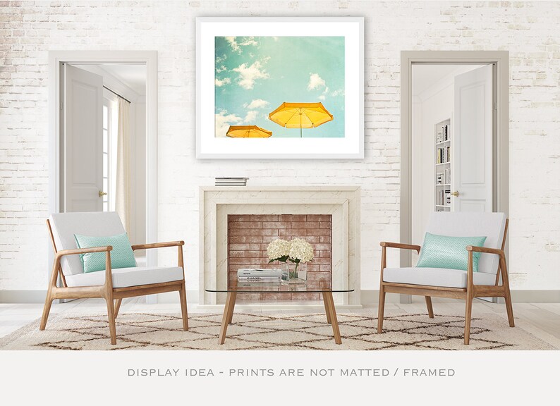 Beach Umbrella Print turquoise yellow mint green teal light seashore photography sky coastal wall art, 8x10, 11x14 Photograph, Sunny Day image 4