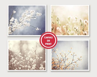 Farmhouse Botanical Prints Set – Rustic Beige, Cream & Blue Artwork  (Set of 4)