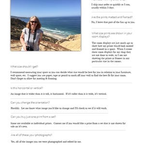 May include: A webpage titled "QUESTIONS?" with a photograph of a woman standing on a cliff overlooking the ocean. The page answers questions about print sizes, shipping, and framing. The text also mentions the prints are photographed and edited by the seller.