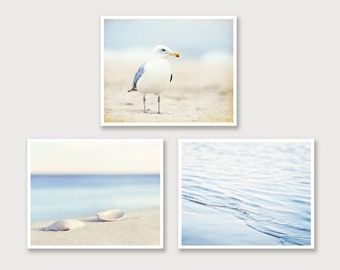 Beach Photography Set - Three 11x14, 8x10 Light Blue Photographs - seashore wall art coastal print white cream pale seashell sea shore ocean