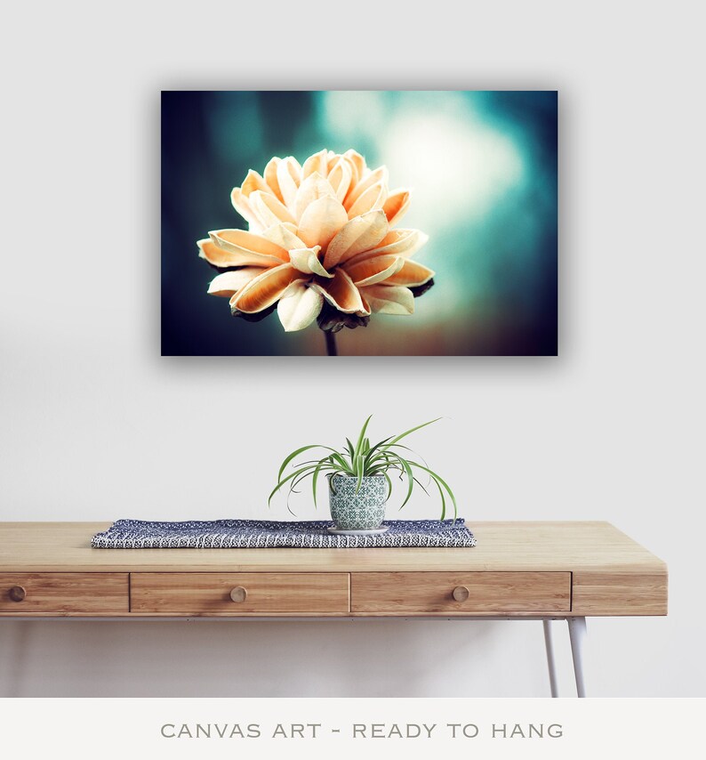 Teal Artwork Canvas Prints Modern Rustic Decor, Dark Aqua Wall Art, Botanical Photo, Turquoise Wall Art, Photography Nature, Beige, Orange image 1