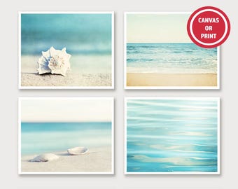 Beautiful Beach Pictures, Artwork Sets of Four Photography Prints, Seashells Aqua, Ocean Wall Art (Set of 4). Calming Coastal Wall Art