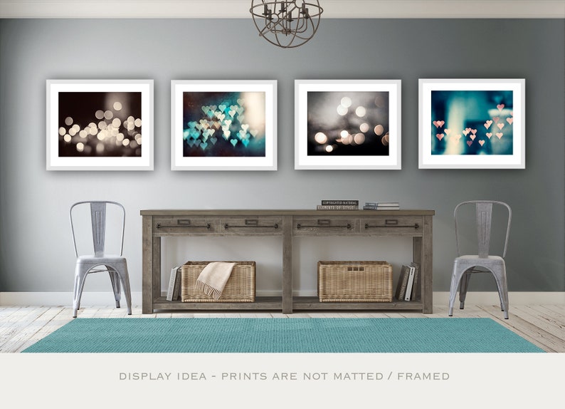 Sparkle Photography Set, bokeh abstract dark brown teal aqua turquoise blue grey gray pink peach hearts sparkly photo circle wall art prints image 1