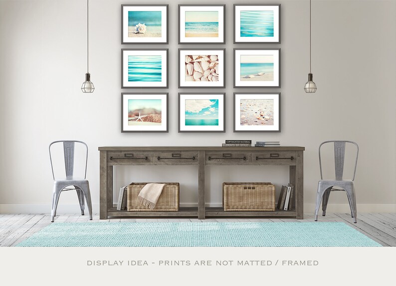 Aqua Blue Beach Photography Set 9 ocean nautical prints, cream beige white, coastal sea gallery wall art, seashore photos seashell decor image 3