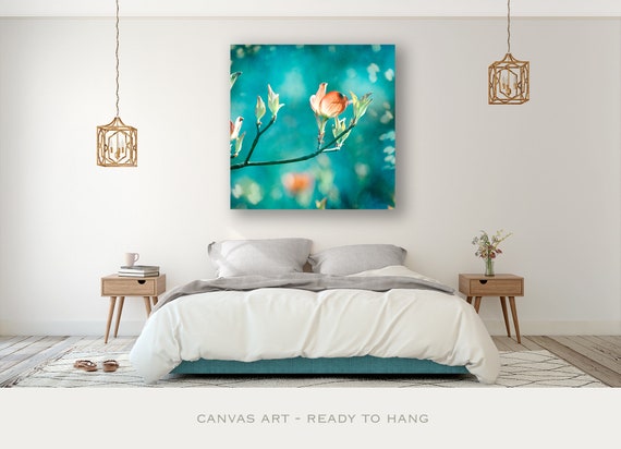 Teal Canvas Photography Orange Peach Turquoise Canvas Print Aqua Flower Blue Green Floral Canvas Wrap Wall Art 30x30 20x20 Enchanting