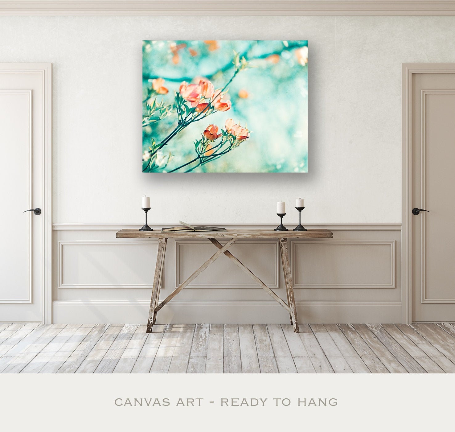 Coral, Turquoise Canvas Wrap - Teal Orange Flower Mint Peach