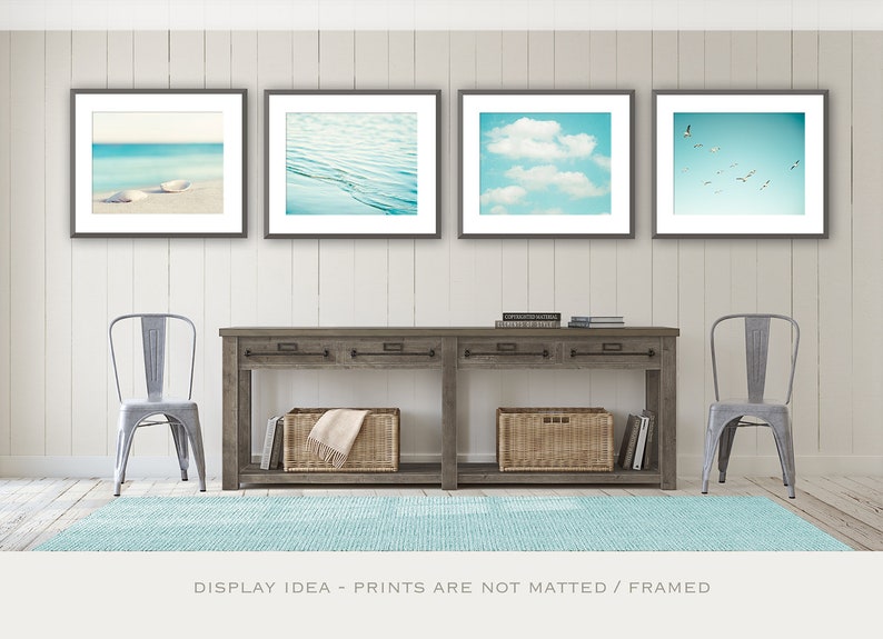 Beach Photography Set aqua blue print ocean seashore coastal wall art seashells clouds water sea photo Four 11x14, 8x10, 5x5 Photograph image 4