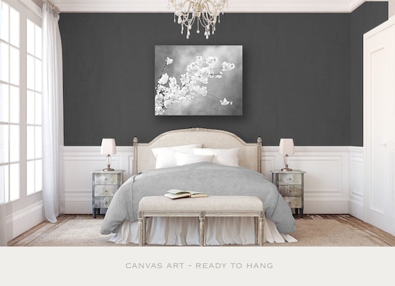 Black and White Floral Canvas Wall Art Above Bed Art Silver