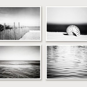 Coastal Black and White Photo Set Beach, Ocean Photographs 4 dark grey gray prints, modern nautical photography, sea seashore wall art Prints