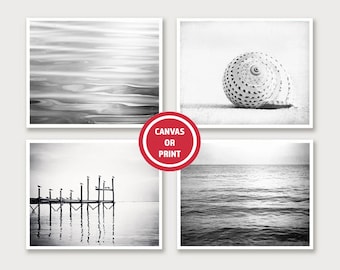 Black and White Coastal Photography Set – Modern Seashore Wall Art (Set of 4)
