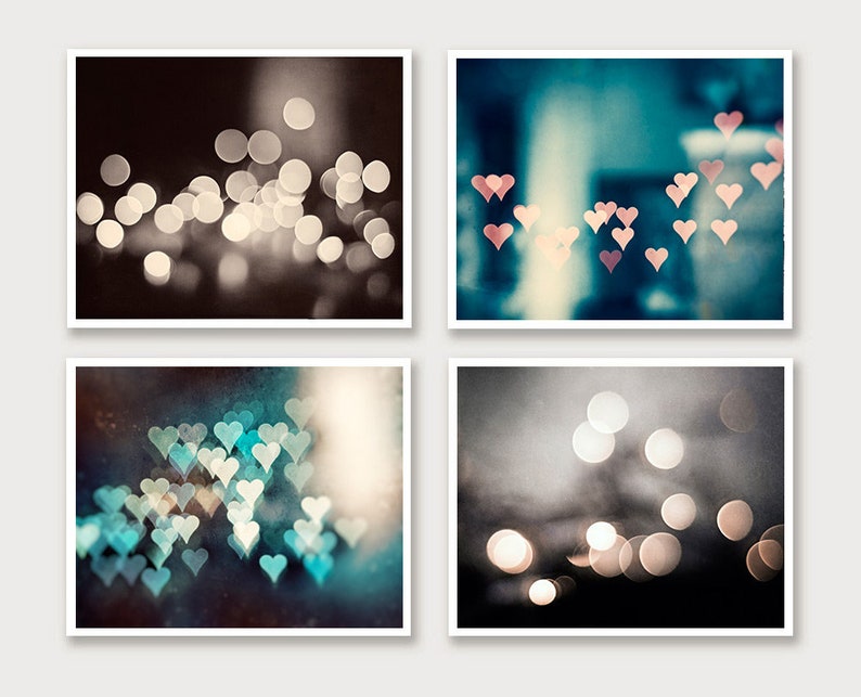 Sparkle Photography Set, bokeh abstract dark brown teal aqua turquoise blue grey gray pink peach hearts sparkly photo circle wall art prints image 2