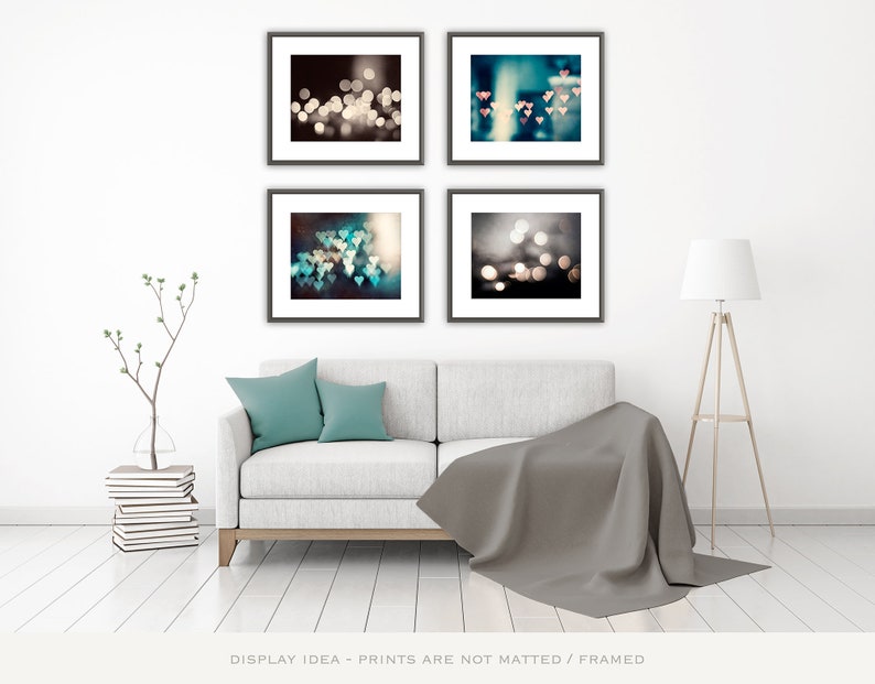 Sparkle Photography Set, bokeh abstract dark brown teal aqua turquoise blue grey gray pink peach hearts sparkly photo circle wall art prints image 6