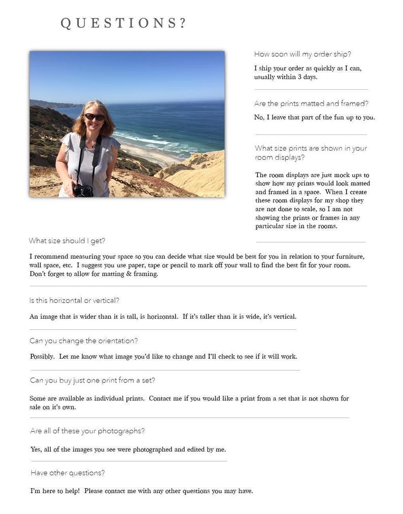 Puede incluir: Una p&aacute;gina web titulada "&iquest;PREGUNTAS?" con una fotograf&iacute;a de una mujer de pie en un acantilado con vistas al oc&eacute;ano. La p&aacute;gina responde preguntas sobre tama&ntilde;os de impresi&oacute;n, env&iacute;o y enmarcado. El texto tambi&eacute;n menciona que las impresiones son fotografiadas y editadas por el vendedor.