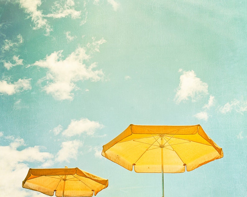 Beach Umbrella Print turquoise yellow mint green teal light seashore photography sky coastal wall art, 8x10, 11x14 Photograph, Sunny Day Print