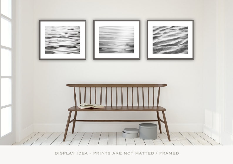 Black and White Photo Set Three Water Photographs, abstract ocean ripples grey gray sea beach print set coastal wall art 11x14, 8x10, 5x7 image 1