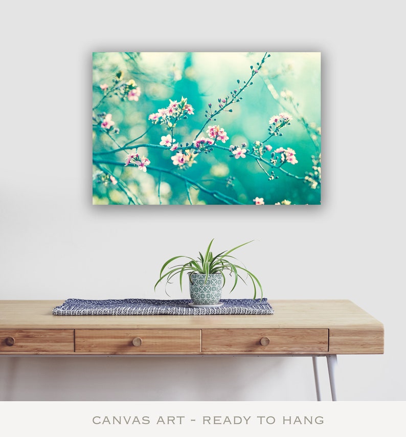 Teal Artwork Floral Canvas Wall Art Pink Turquoise Art Girl Etsy
