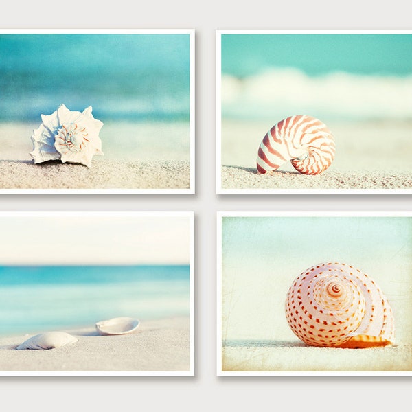 Beach Photography Set - Four Photographs, seashell sea shell photo print seashore decor turquoise aqua teal blue wall art - 11x14, 8x10, 5x7