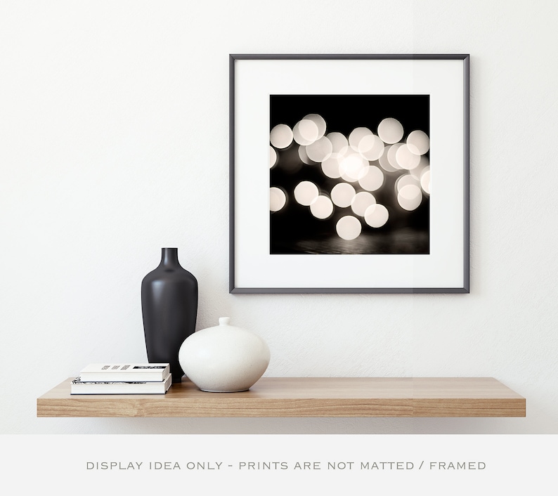 Black and White Abstract Photography, bokeh lights print modern photo circles wall art cream dark grey gray photograph decor, Ambiance image 1