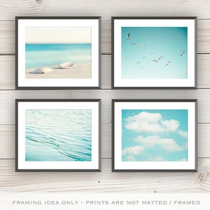 Beach Photography Set aqua blue print ocean seashore coastal wall art seashells clouds water sea photo Four 11x14, 8x10, 5x5 Photograph image 3