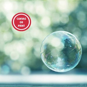 May include: A large, iridescent bubble floats in front of a blurred green and blue background. The bubble reflects the surrounding environment, with a circular red sticker that reads "Canvas or Print". The image has a soft, dreamy quality.